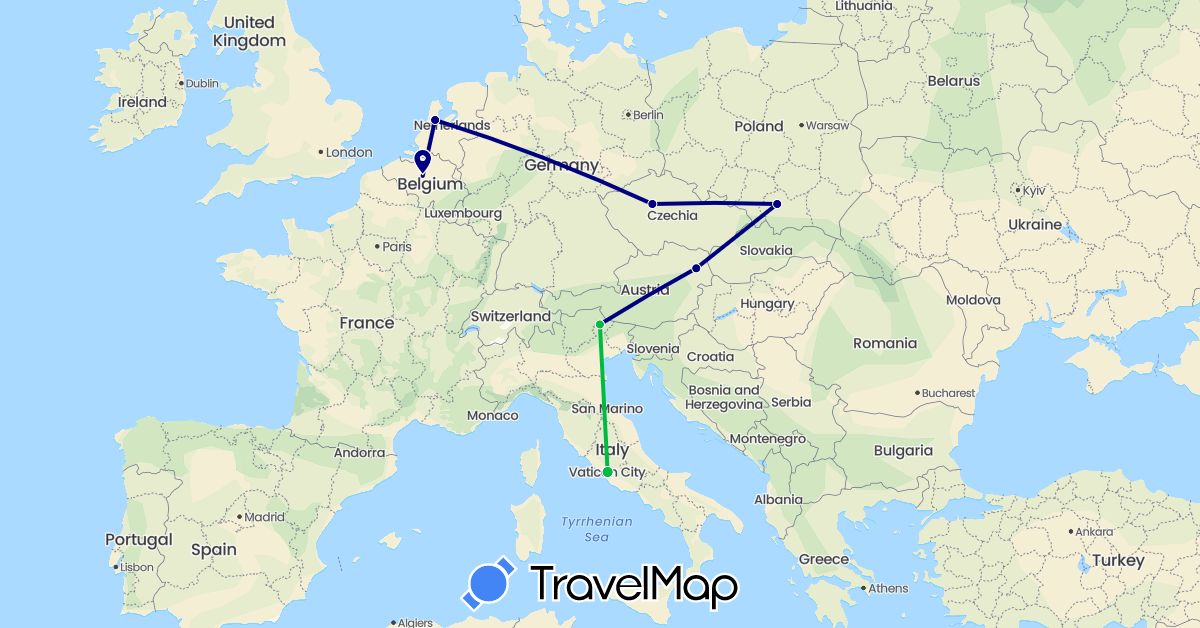 TravelMap itinerary: driving, bus in Austria, Belgium, Czech Republic, Italy, Netherlands, Poland (Europe)